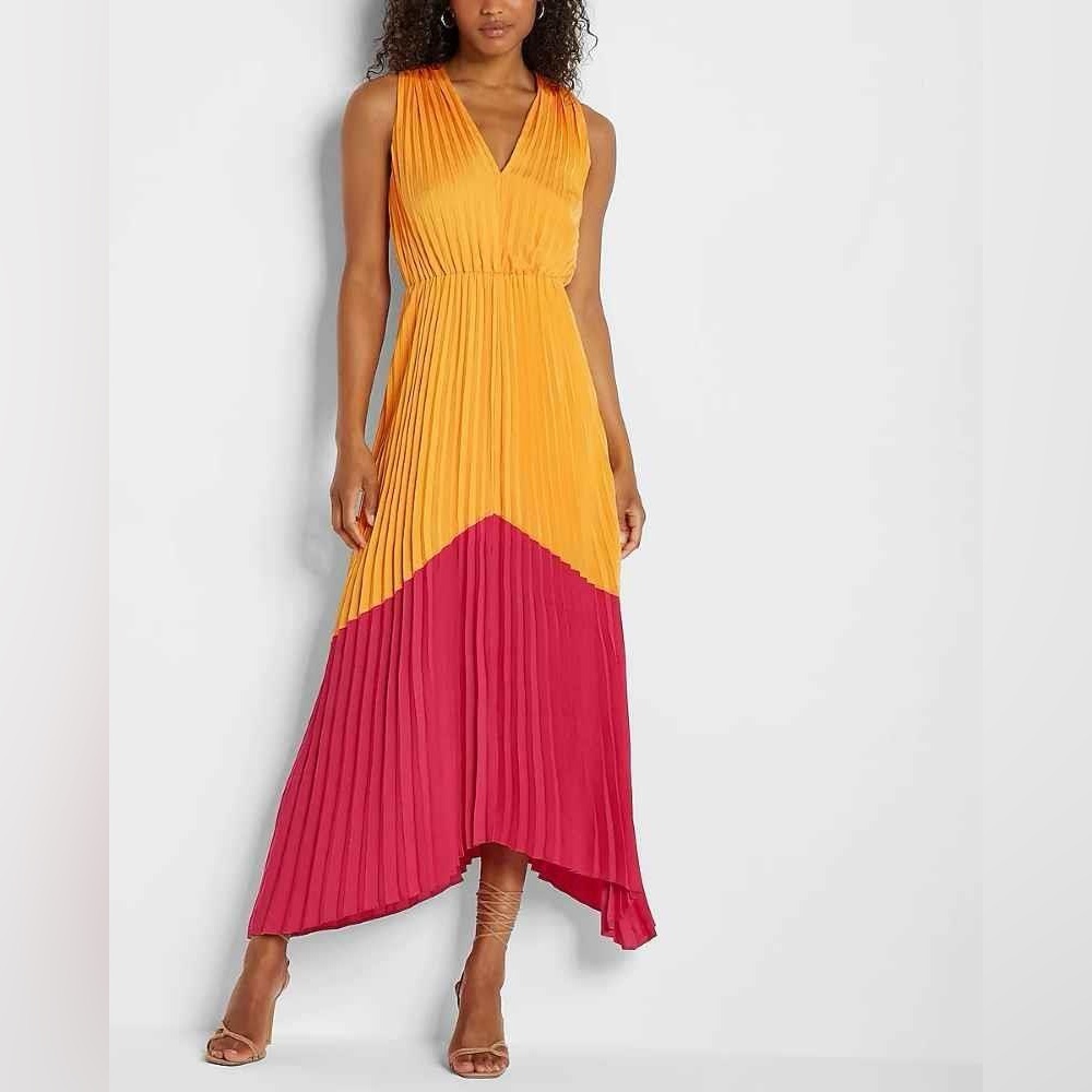 Express Colorblock Pleated Maxi Dress in Mustard and Raspberry